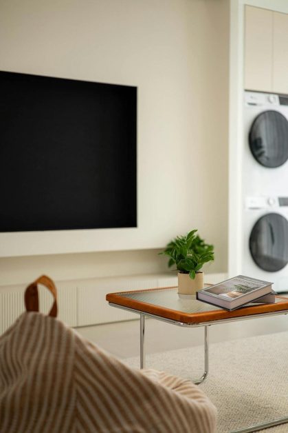 Un salon d'appartement au design minimaliste avec une petite table basse en verre, un livre, une plante verte et un grand écran noir fixé au mur.